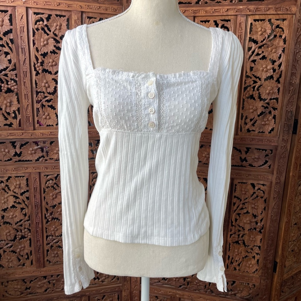 Free People White cotton lace Square-Neck Ribbed Long-Sleeve Top